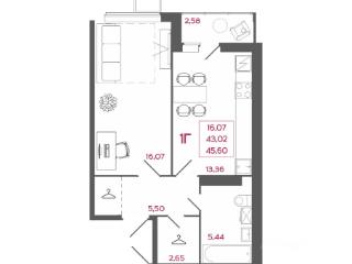 1-комн. квартира, 45.6 м², 13/17 этаж