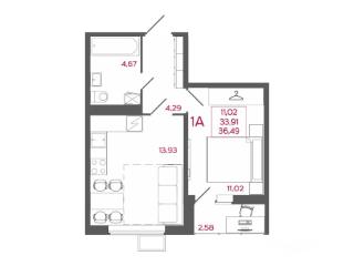 1-комн. квартира, 36.49 м², 13/17 этаж