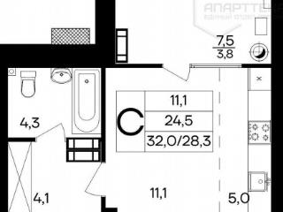 Студия, 32 м², 6/7 этаж