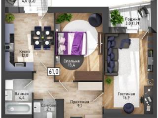 2-комн. квартира, 61 м², 11/21 этаж