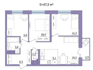4-комн. квартира, 67.5 м², 12/23 этаж