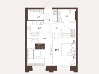 2-комн. квартира, 59.5 м², 3/16 этаж