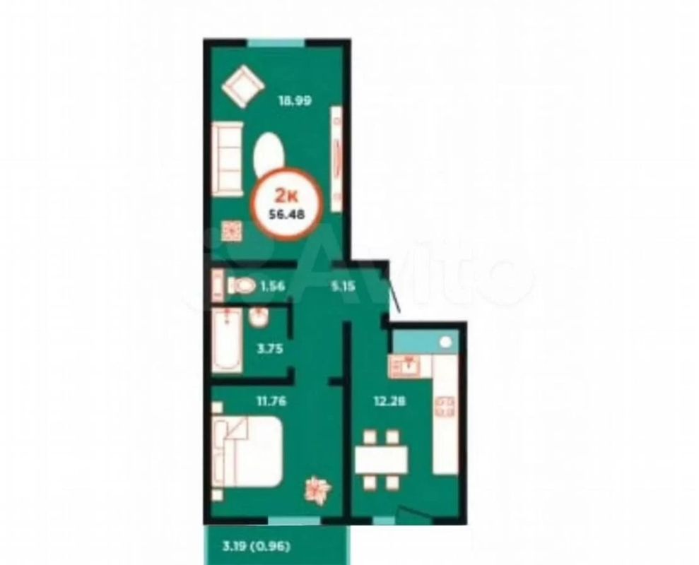 2-комн., 57 м², 8/9 этаж