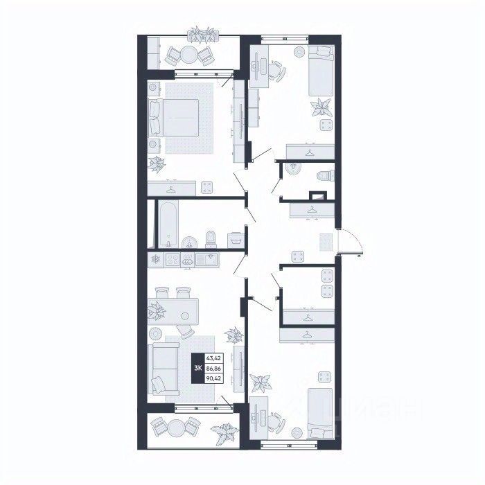 3-комн. квартира, 90.4 м2, 7/17 этаж