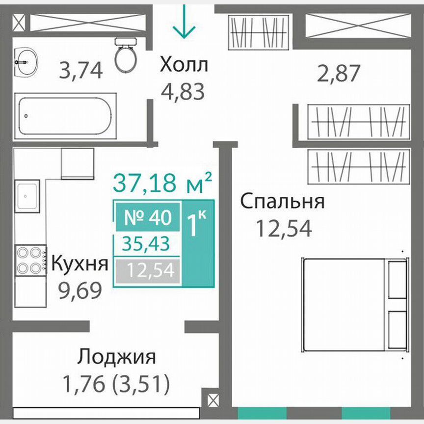 1-комн. квартира, 35.4 м2, 6/15 этаж