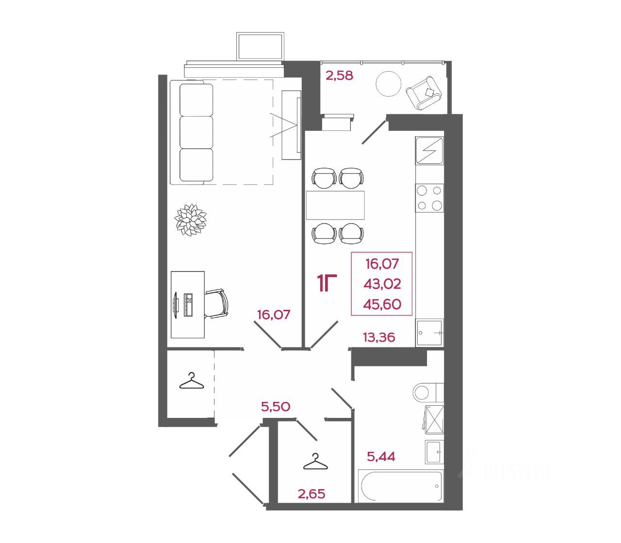 1-комн. квартира, 45.6 м², 13/17 этаж