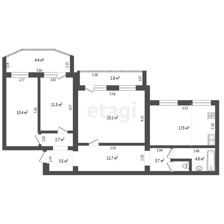3-комн. квартира, 95 м2, 4/5 этаж