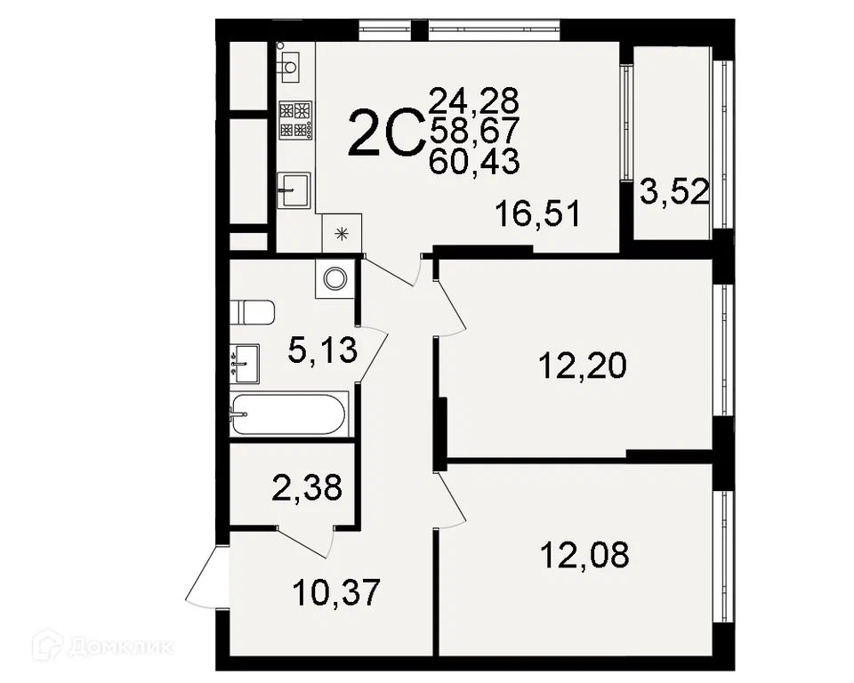 2-комн. квартира, 60.4 м2, 14/26 этаж