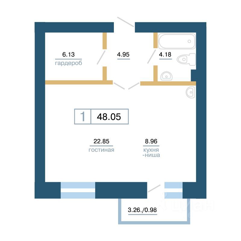 1-комн., 48.09 м², 2/7 этаж