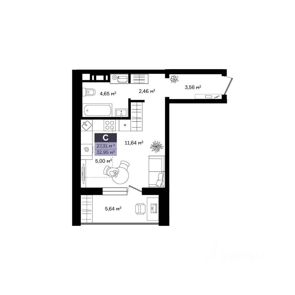 Студия, 32.95 м², 8/8 этаж