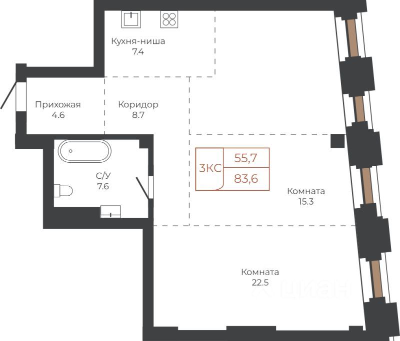 3-комн. квартира, 83.5 м2, 14/27 этаж