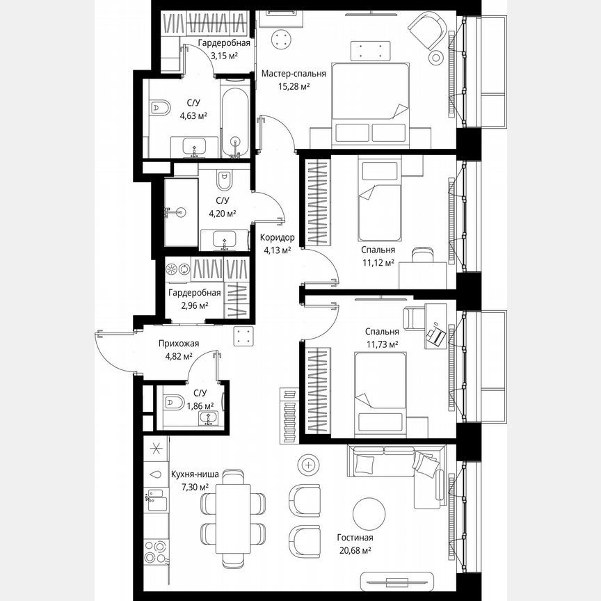3-комн. квартира, 91.9 м2, 7/12 этаж