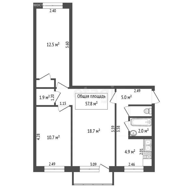 3-комн., 57.8 м², 3/5 этаж