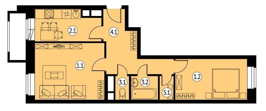 2-комн. квартира, 51.9 м2, 2/9 этаж