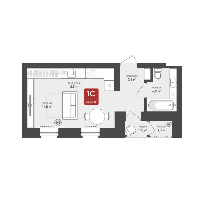 Студия, 25.9 м², 12/17 этаж