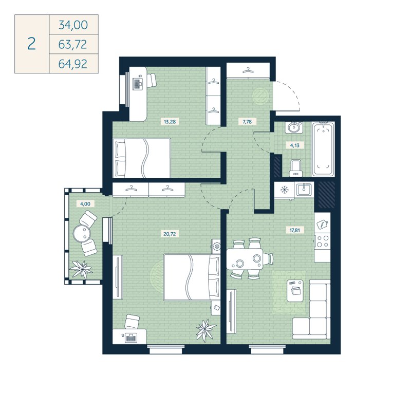 2-комн., 63.72 м², 6/9 этаж