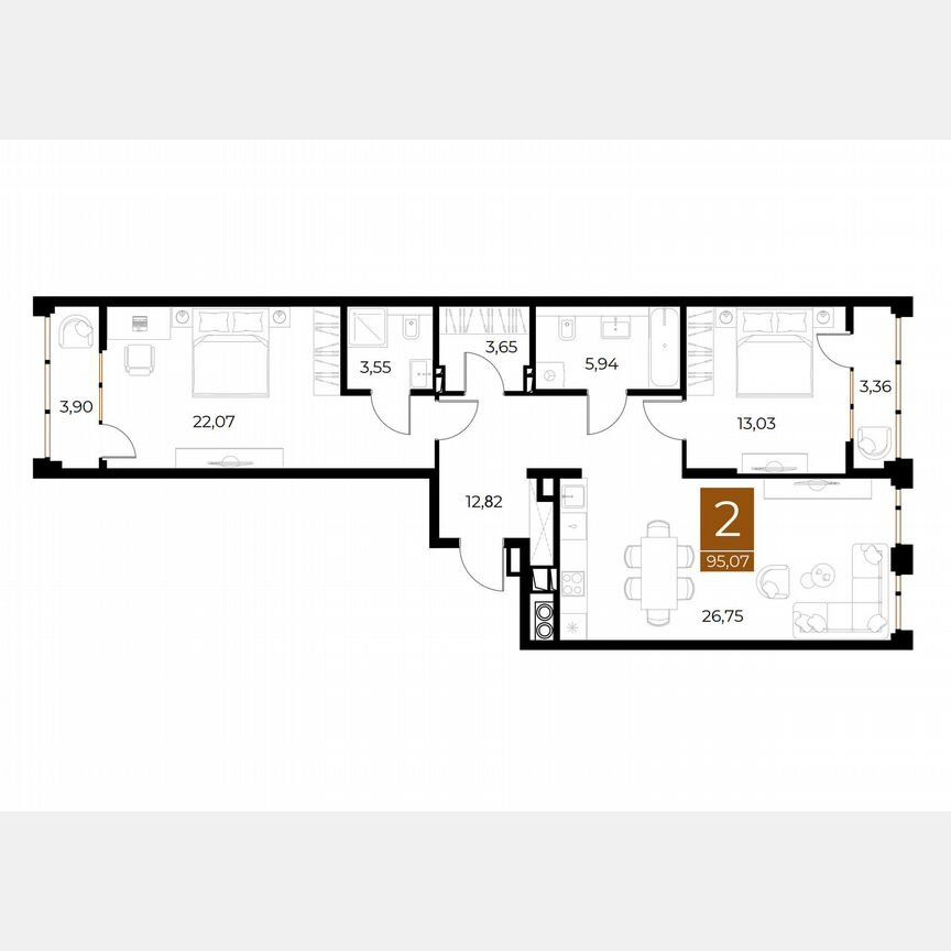 2-комн., 95.1 м², 8/8 этаж