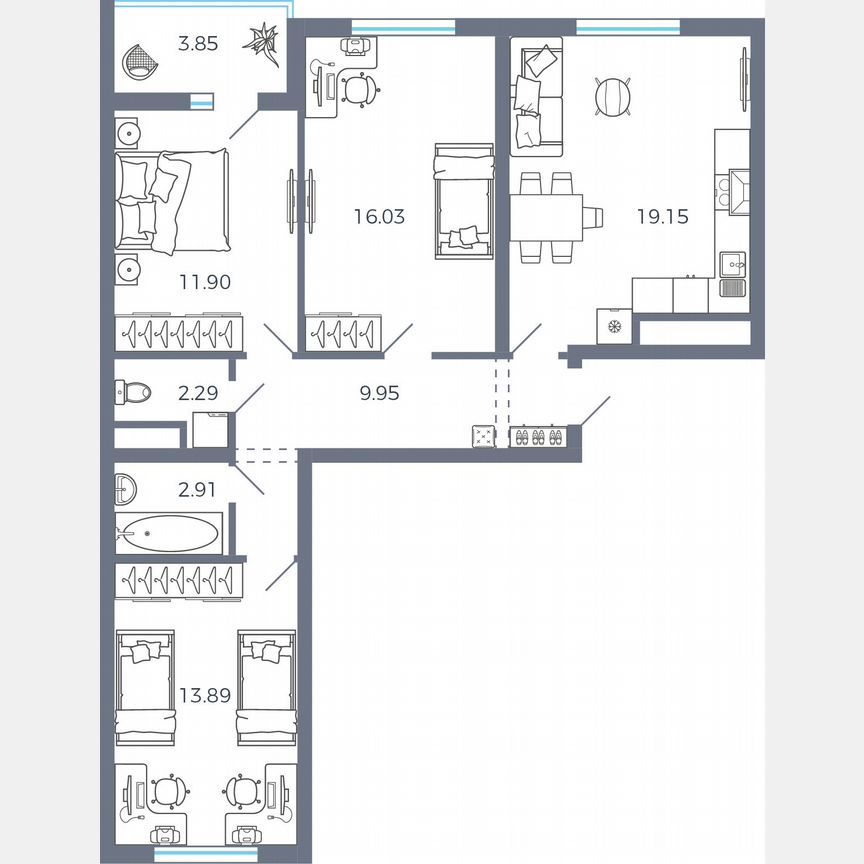 3-комн. квартира, 78.1 м2, 1/9 этаж