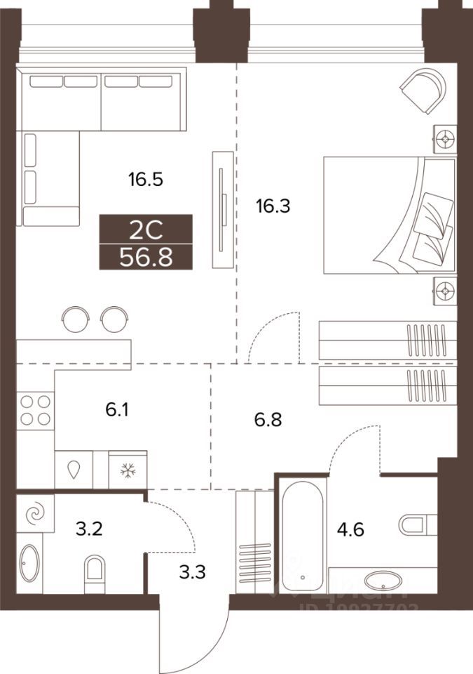 2-комн., 56.8 м², 13/16 этаж