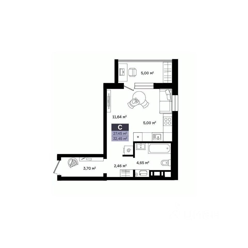 Студия, 32.45 м², 7/10 этаж