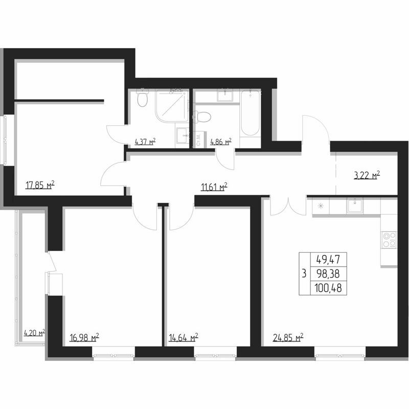 3-комн., 97.5 м², 1/10 этаж