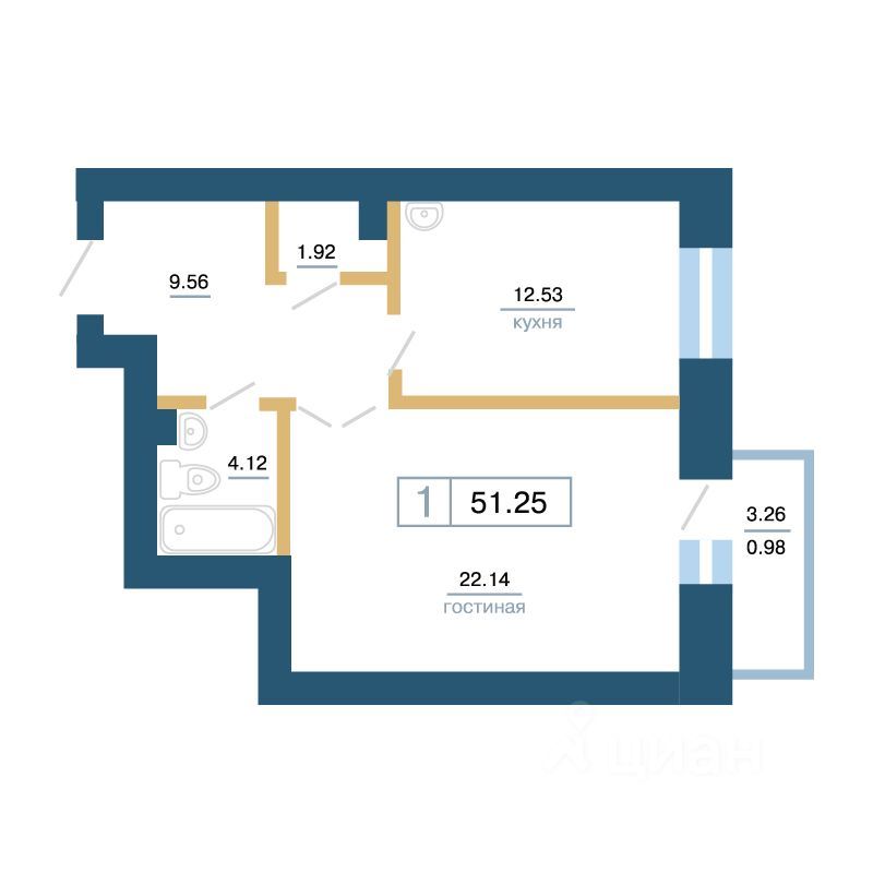 1-комн., 51.25 м², 7/7 этаж