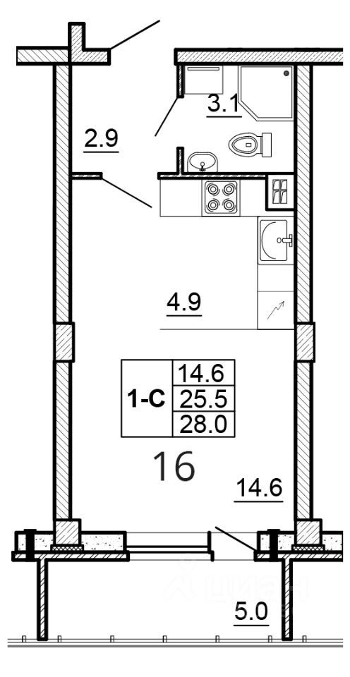 Студия, 28 м², 4/16 этаж