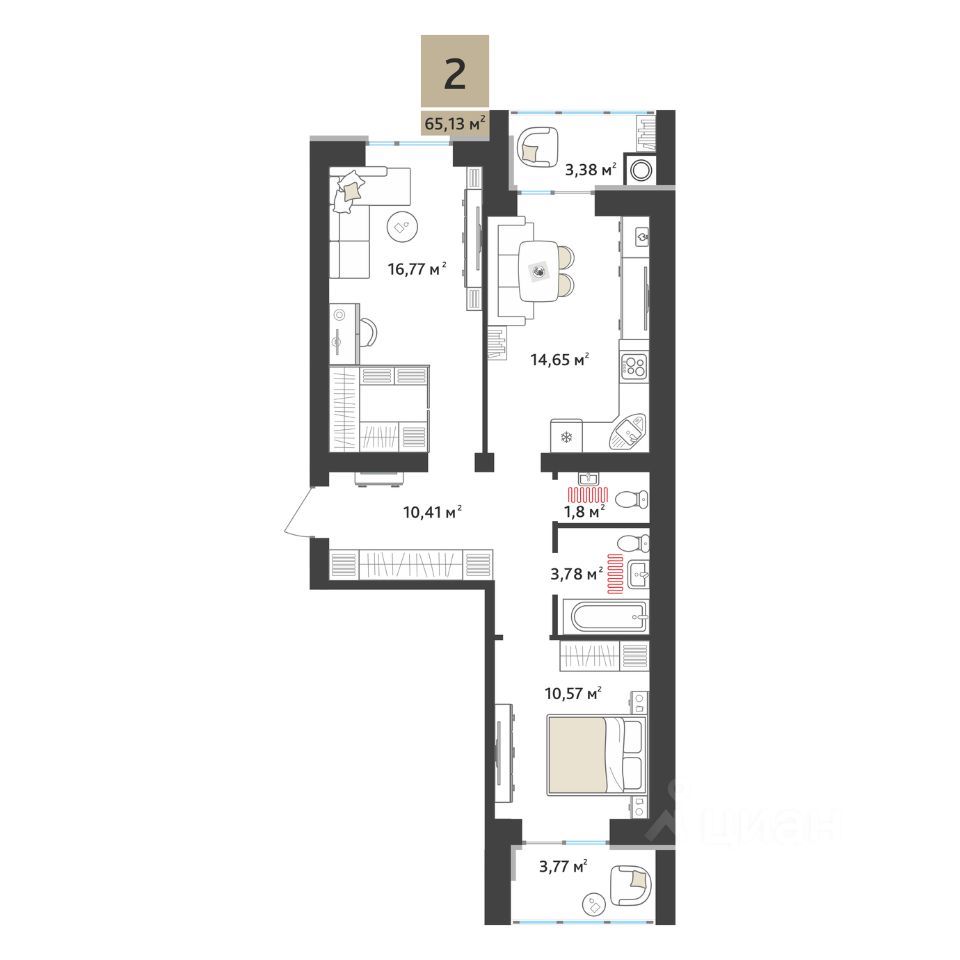 2-комн. квартира, 65.1 м2, 1/10 этаж