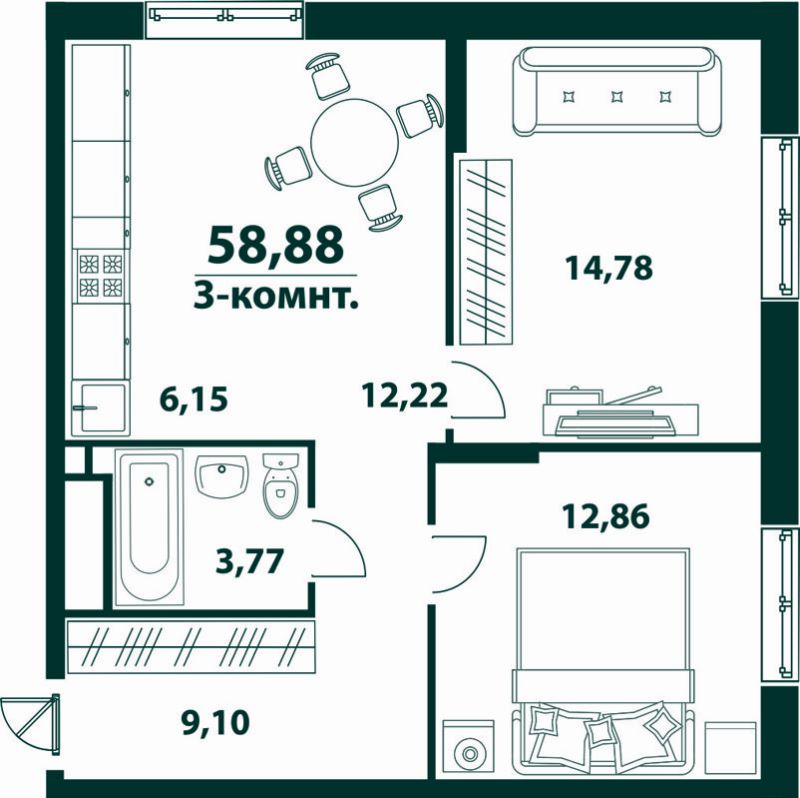 3-комн., 58.88 м², 2/25 этаж