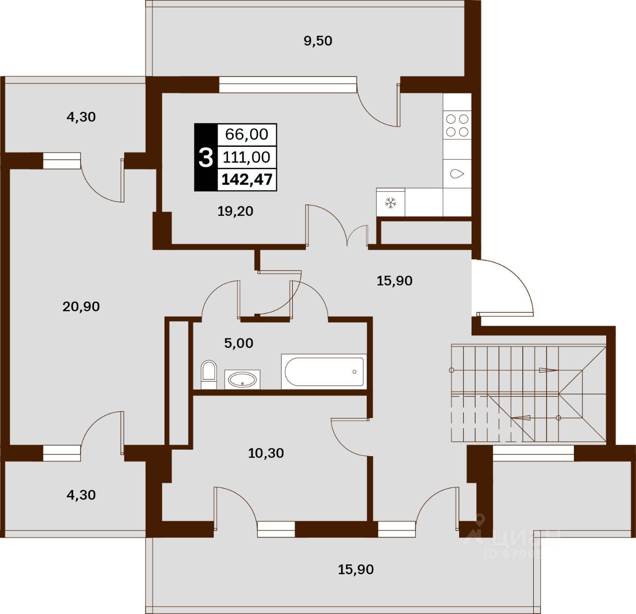 3-комн. квартира, 142.5 м2, 12/14 этаж