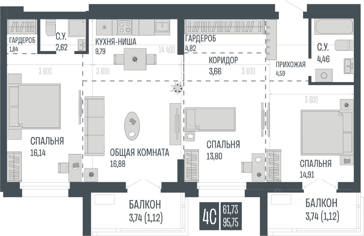 4-комн., 95.75 м², 14/15 этаж