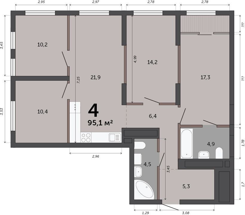4-комн., 95.1 м², 17/15 этаж