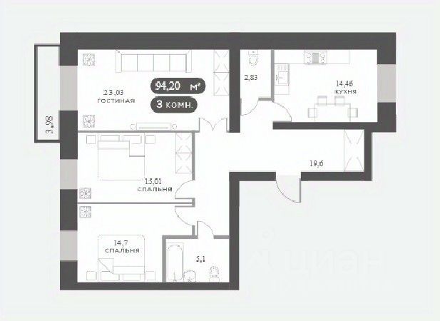 3-комн. квартира, 94.2 м2, 7/15 этаж