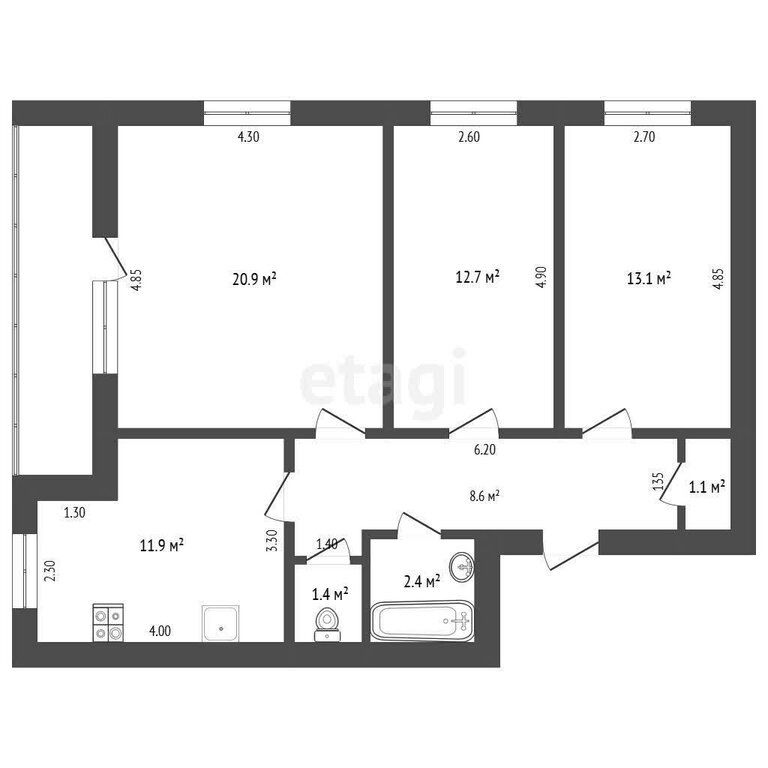 3-комн., 72.3 м², 2/5 этаж