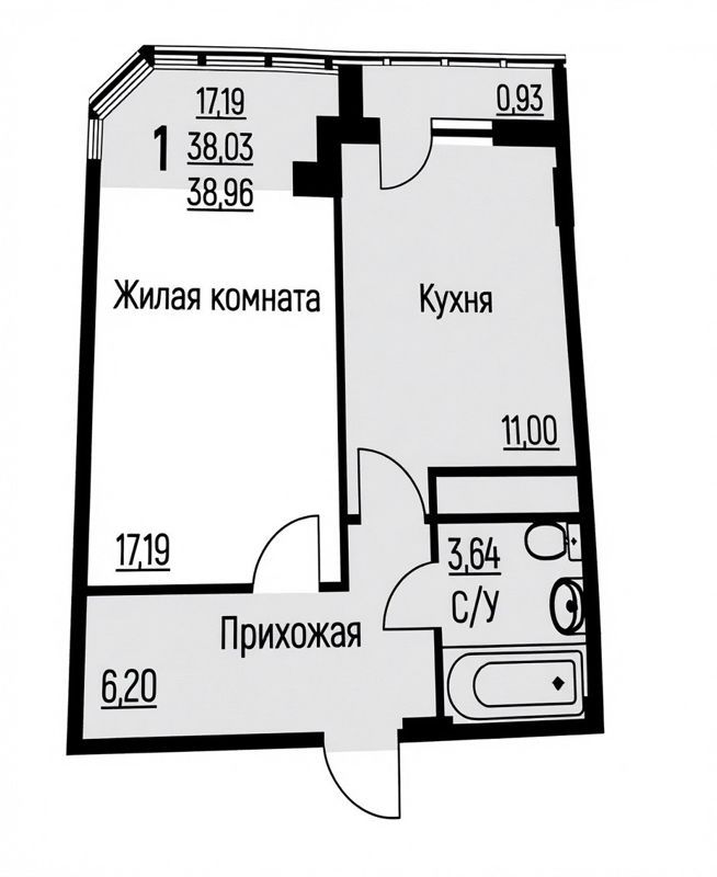 1-комн., 39 м², 7/11 этаж