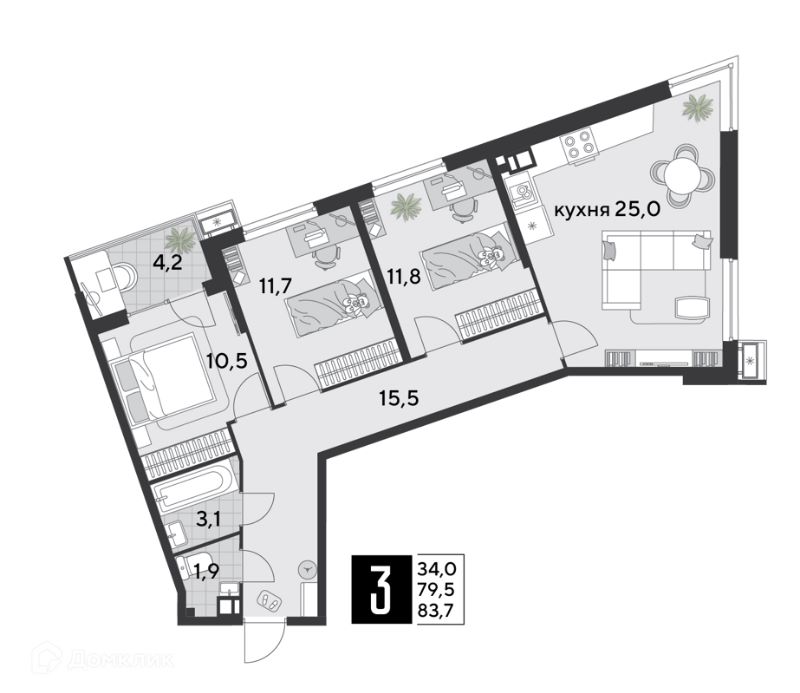 3-комн., 83.7 м², 7/18 этаж