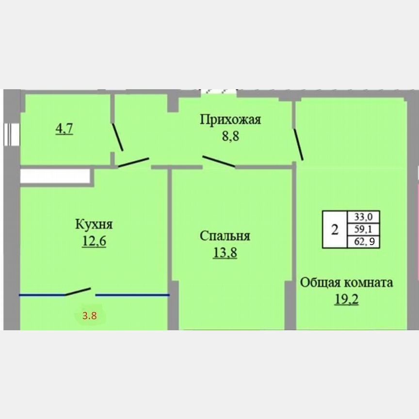 2-комн. квартира, 62.9 м2, 9/9 этаж