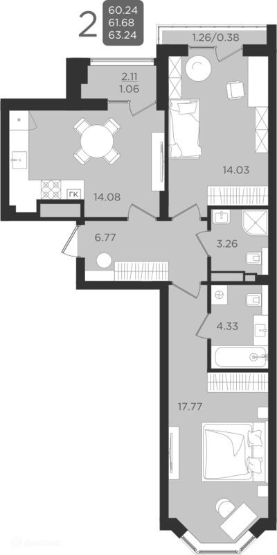 2-комн., 61.84 м², 2/9 этаж