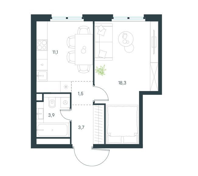 1-комн., 38.5 м², 29/45 этаж
