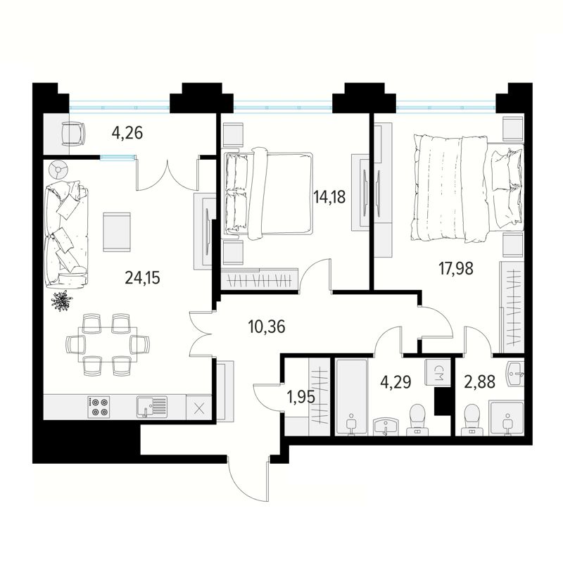 2-комн., 77.92 м², 19/19 этаж