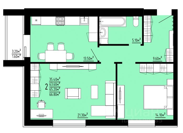 2-комн. квартира, 65.2 м², 2/10 этаж
