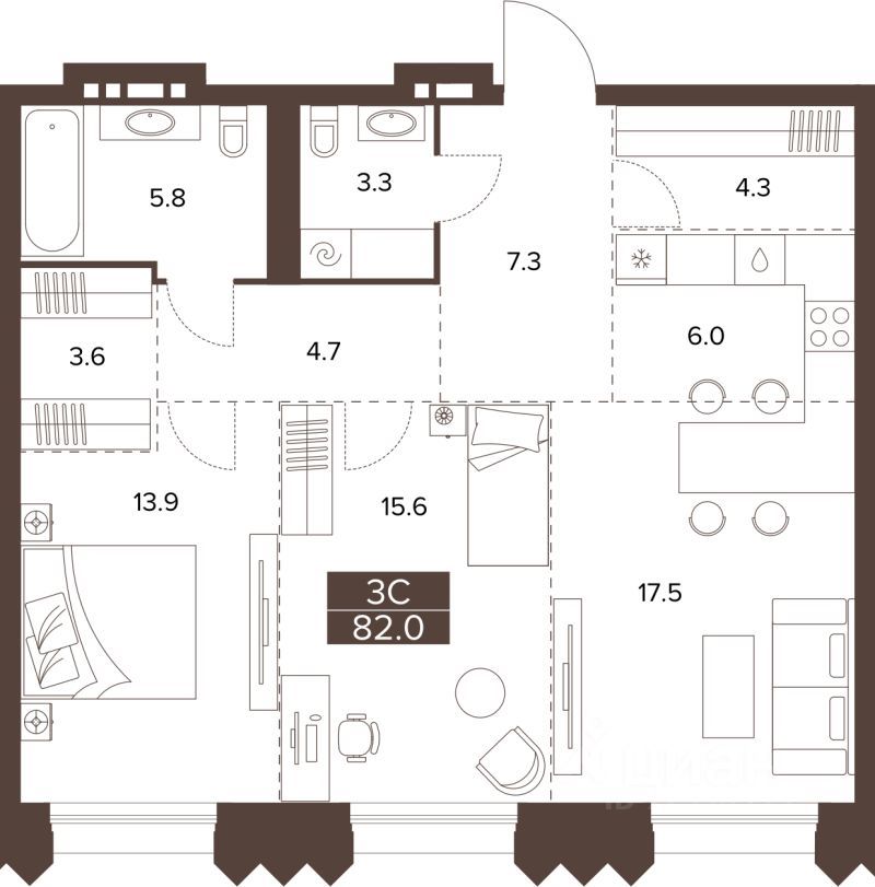 3-комн., 82 м², 4/16 этаж
