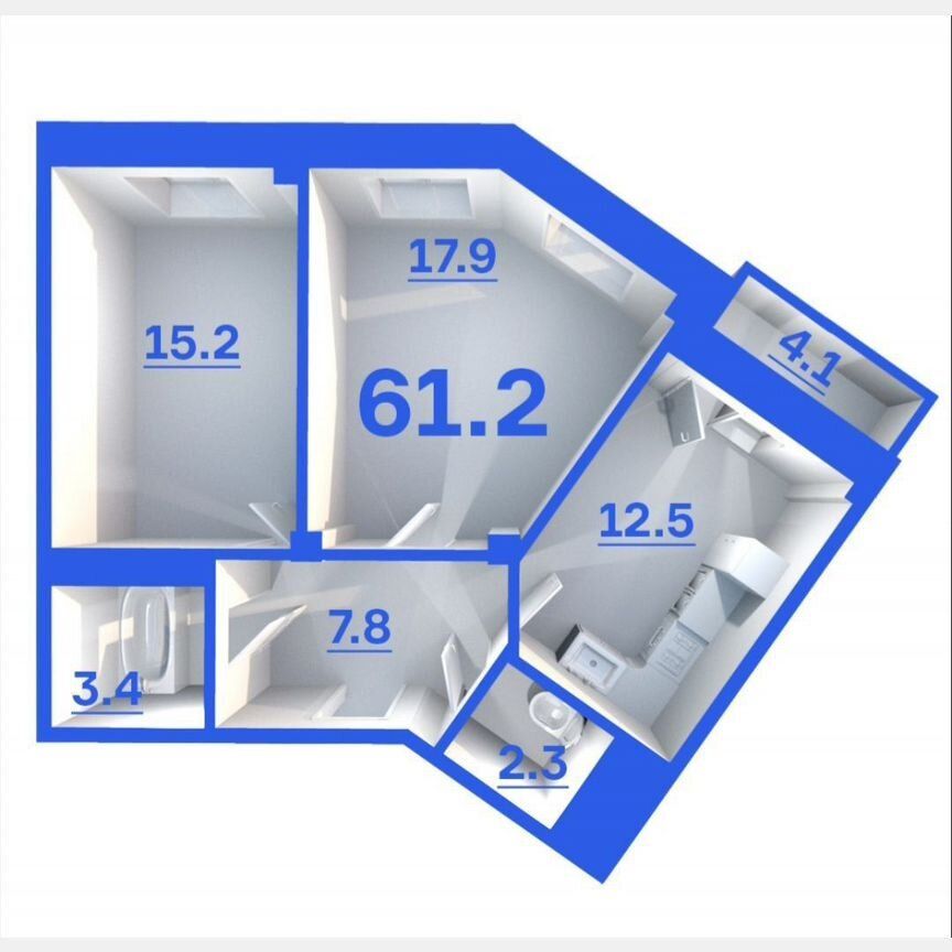 2-комн. квартира, 61.2 м², 2/9 этаж