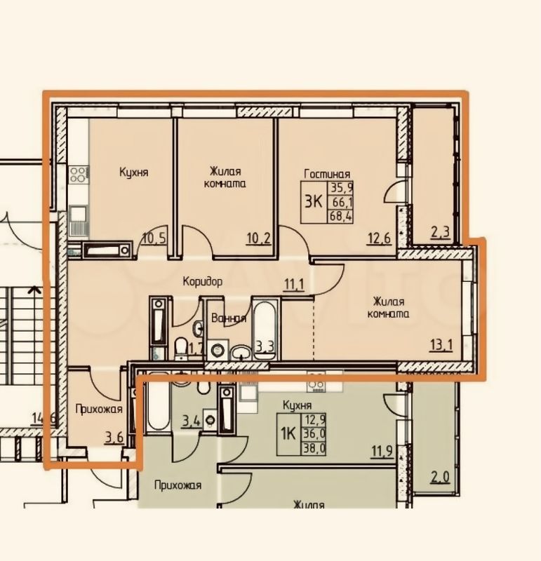 3-комн. квартира, 65.7 м2, 2/20 этаж