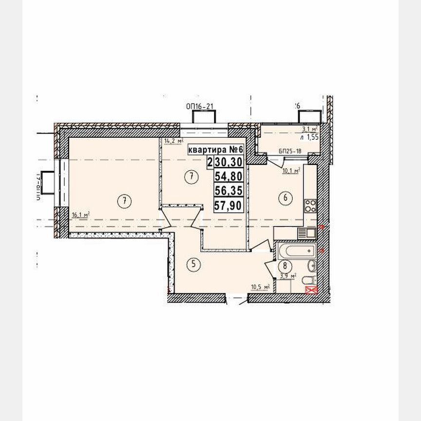 2-комн., 56.4 м², 5/5 этаж