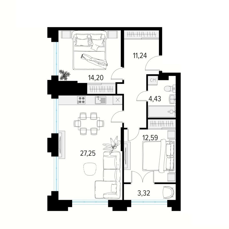 2-комн., 71.37 м², 13/19 этаж