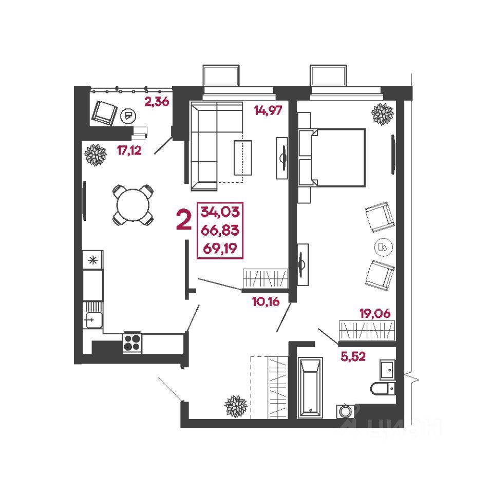 2-комн., 69.19 м², 1/17 этаж