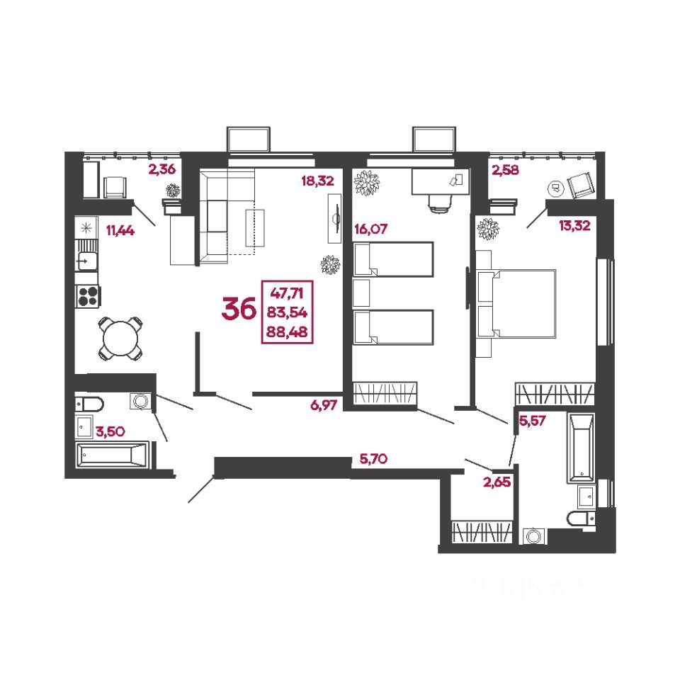 3-комн., 88.48 м², 17/17 этаж