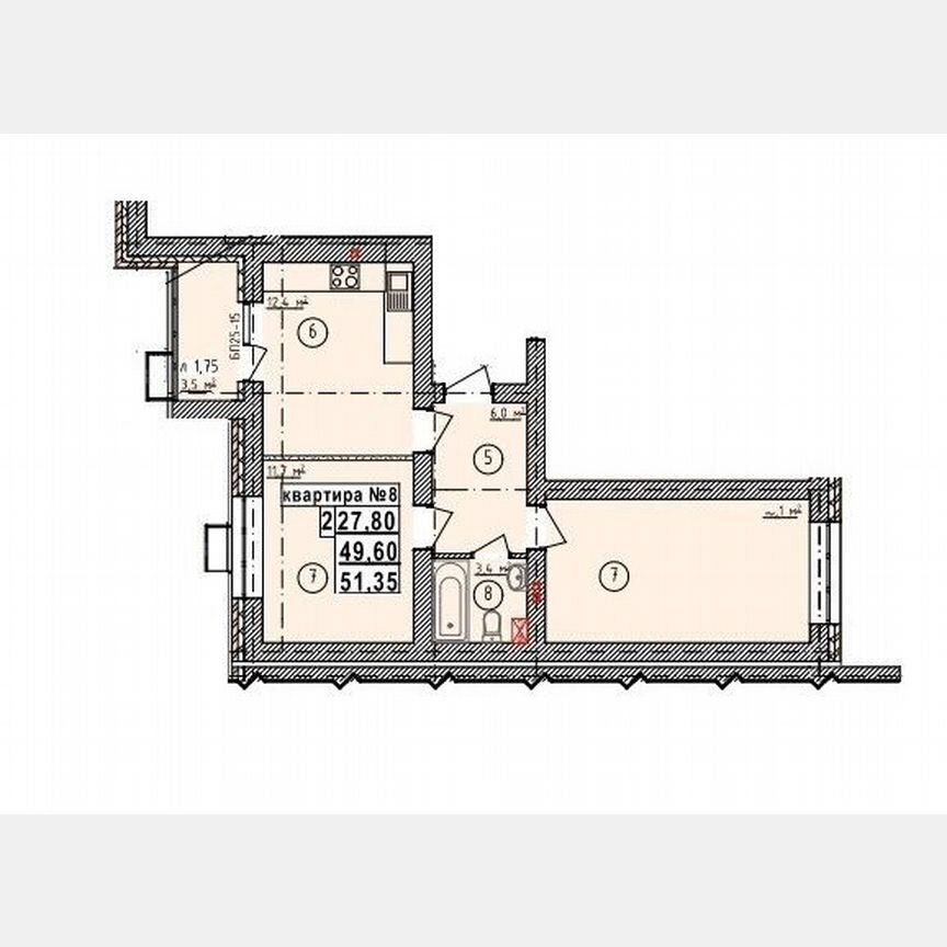 2-комн., 51.4 м², 4/5 этаж