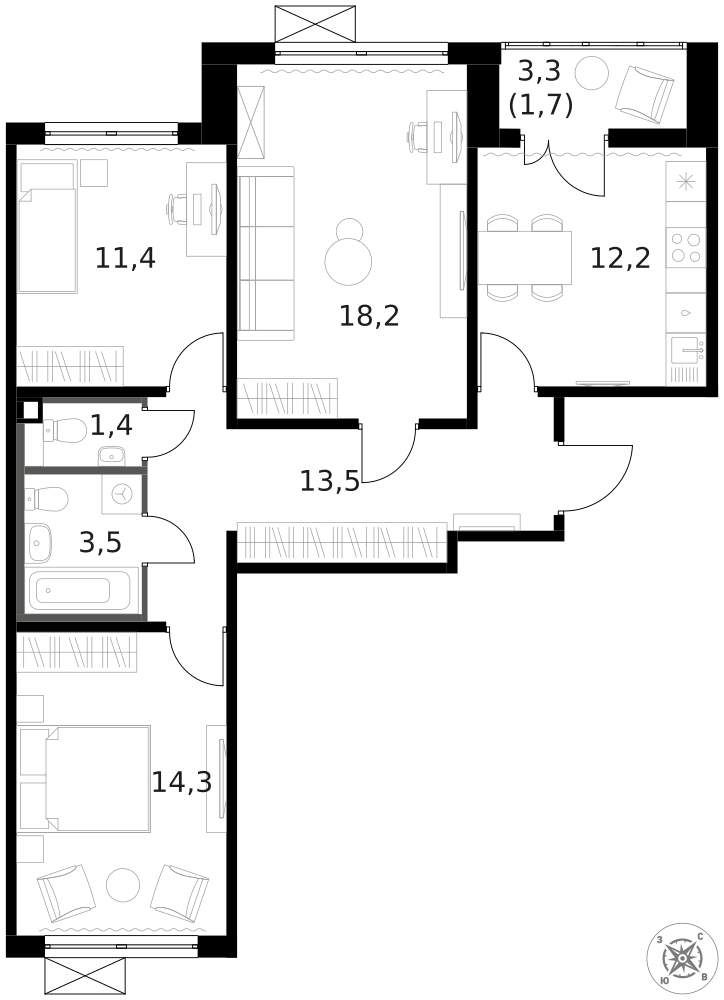 3-комн., 76.4 м², 8/14 этаж